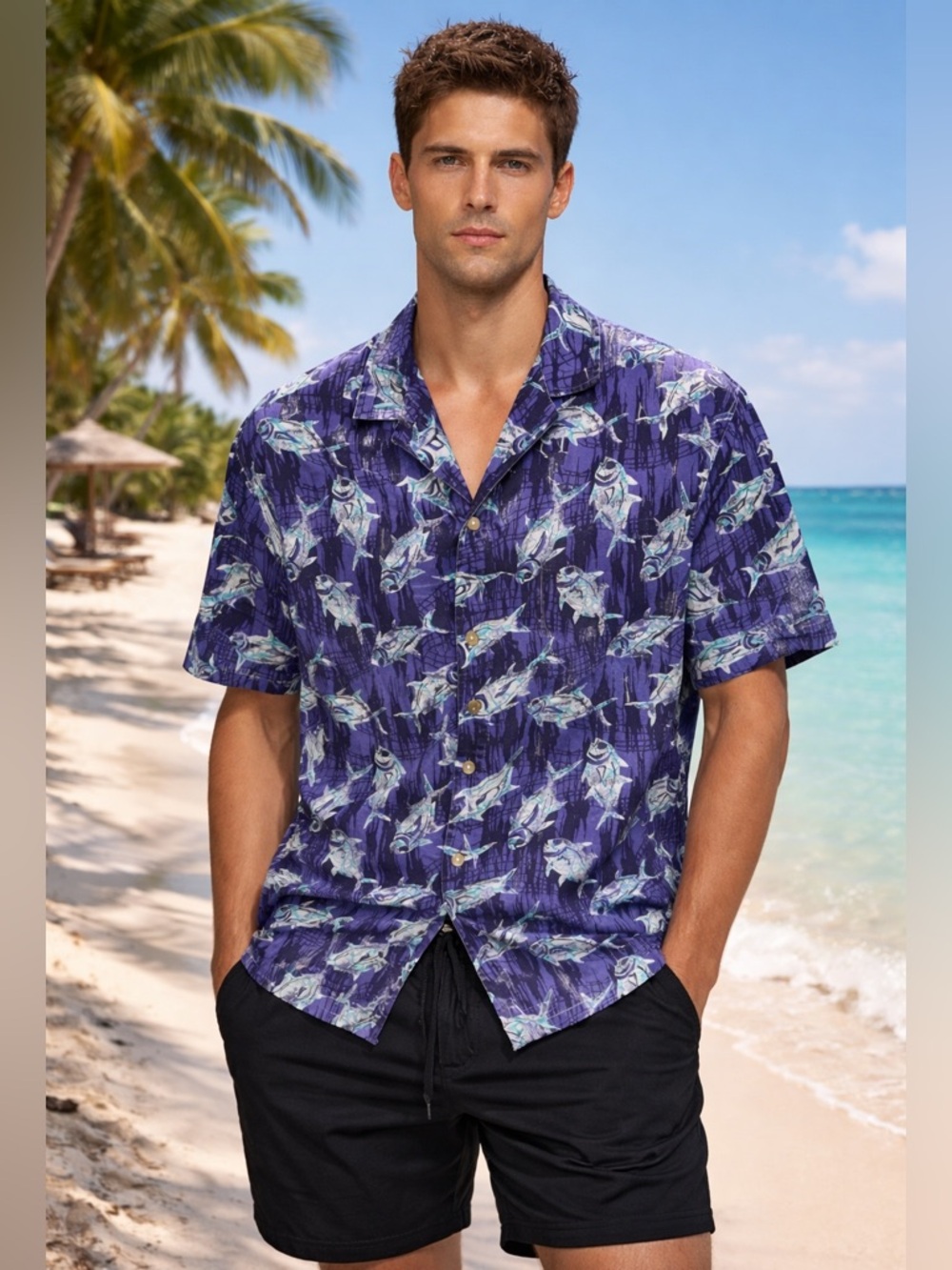 Vintage a Honolulu Harbor Sportswear Men's Blue Fish Print Short-Sleeve Shirt XL